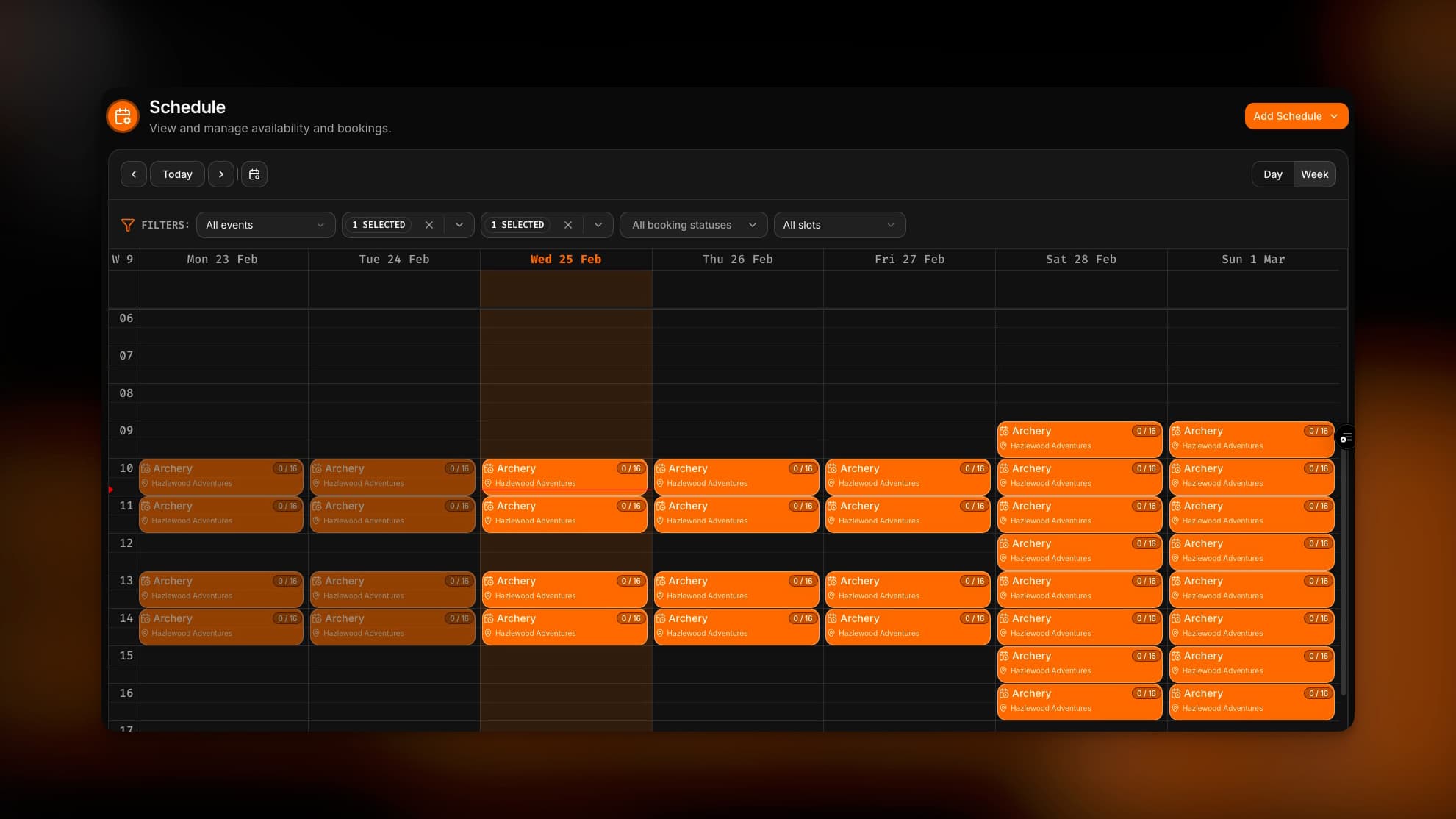 53° Booking Schedule Calendar - Dark